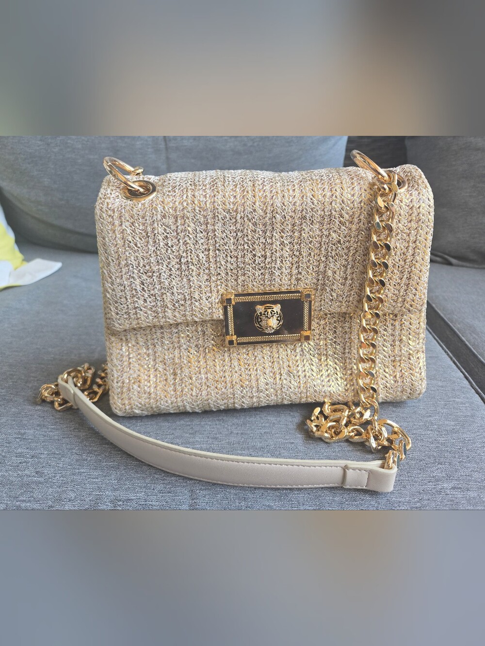 New Aldo Lion Clasp Woven Gold-Tone Chain Shoulder Bag Purse- Cream Metallic